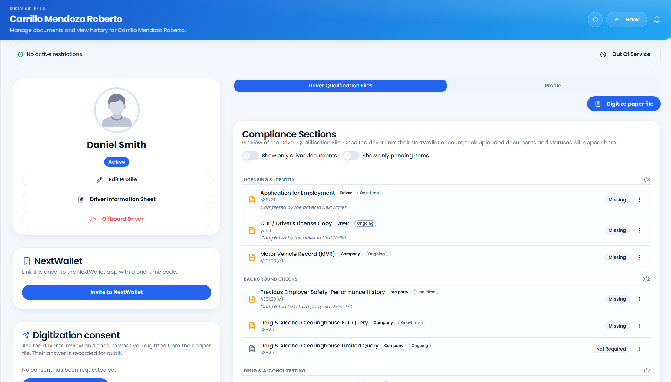 A driver file in NextDrive: the Driver Qualification File with each section, its citation — §391.21, §383, §391.23(a) — who owes it and whether it is missing, next to the panel that invites the driver to NextWallet with a one-time code.