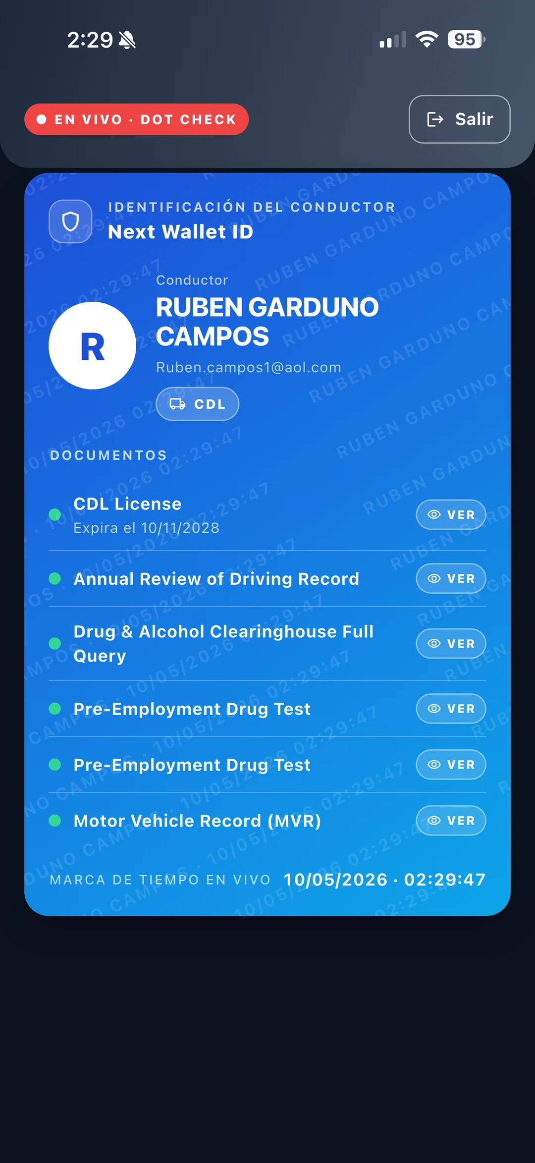 DOT Check Mode: the screen a driver shows at a roadside inspection, with their name, their CDL badge and each document, with its expiry date when it has one.
