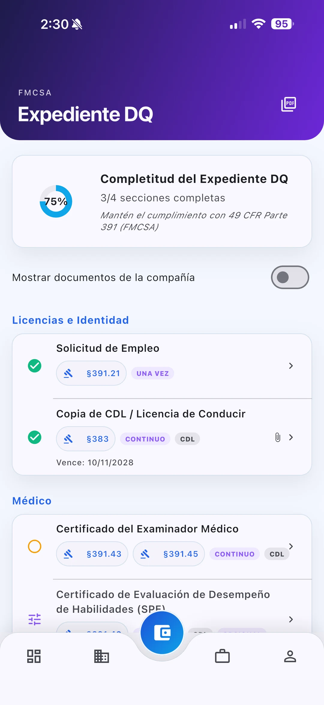 The Driver Qualification File in NextWallet: each section with its citation, and whether it is complete or still missing.
